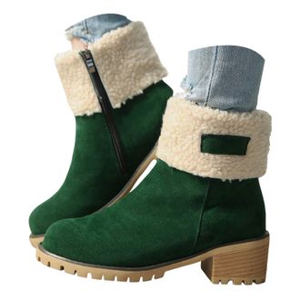Generic Womens Winter Snow Boots - Non Slip, Waterproof, Warm Fur Lined, Suede Outdoor Ankle Boots with Chunky Heel & Side Zip (Green, 4.5)