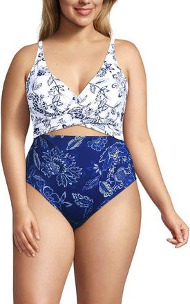 Lands End Plus Size Wrap Monokini High Leg One Piece Swimsuit in White/blue Vintage Floral Mix at Nordstrom, Size 26W