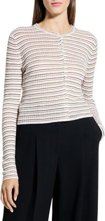 Theory Stripe Crop Linen Blend Cardigan in Bone Pink Multi at Nordstrom, Size Petite