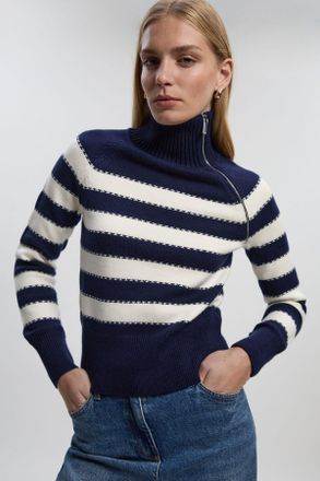 Karen Millen Womens Stripe Zip Through Funnel Neck Knit Jumper - Navy Viscose - Size X-Small