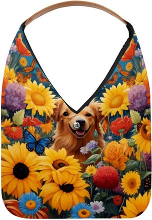 Generic Sunflower Butterflies Dog Reusable Lightweight Grocery Bags - Foldable Into Compact Pouch, Washable & Sturdy, Multipurpose for Shopping and Travel