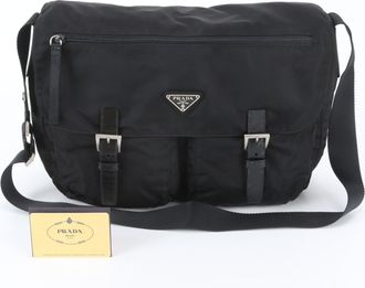 Prada Black Leather Nylon Messenger Bag Shoulder Bag (Pre-Owned)