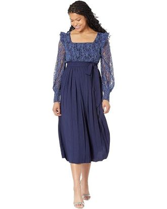 Little Mistress Belle Midi Dress Womens Blue Pleated Sheer Puff Sleeve JDM834