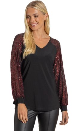 Klass Sequin Long Sleeve Stretch Top - Black/RED - XL