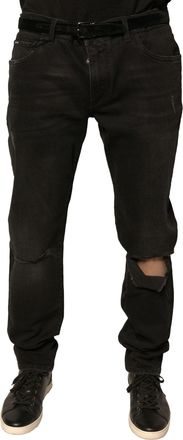 Dolce & Gabbana Mens Black Ripped Logo Cotton Skinny Denim Jeans Elastane Clothing