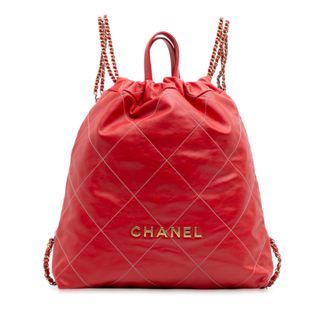 Chanel Pre-owned Womens Large Shiny Quilted Calfskin 22 Backpack - Red Leather - One Size