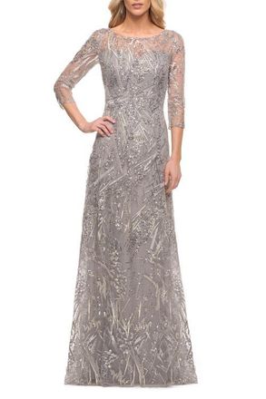 La Femme Long Evening Gown with Unique Lace Beaded Design in Silver at Nordstrom, Size 12