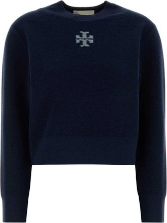Tory Burch Wool Blend Sweater - Dames - Ronde hals truien - Blauw - S - Wol - Truien & Vesten