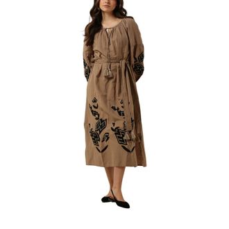 Summum Bohemian Maxi Jurk met Rijk Borduurwerk - Dames - Casual kleedjes - Bruin - XS - Linnen - Kleedjes