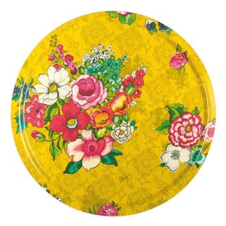 Vent de Boh&egrave;me Bandeja de madera estampada floral amarilla &Oslash;46cm