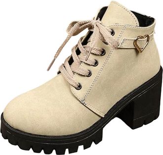 Generic Ankle Boots for Women Chunky Heel Biker Booties Stylish Solid Color Casual Side Zipper Comfortable Classic Lace Up Boots Non-Slip Shoes