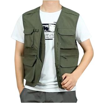 Generic Mens Quick Dry Fishing Vest Outdoor Safari Hiking Travel Cargo Vest Jacket Multi-Pocket Utility Waistcoat Casual Sleeveless Jackets Breathable Work Hi