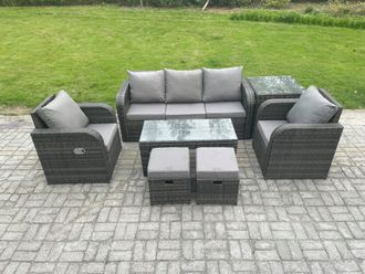 Fimous 7 PC Rattan Garden Furniture Set with Rectangular Coffee Table Side Table 2 Small Footstools Patio Outdoor Rattan Set in Dark Grey