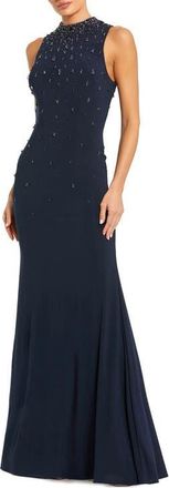 Mac Duggal High Neck Sleeveless Beaded Jersey Fitted Gown in Navy at Nordstrom, Size 16