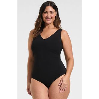 Lands End Tugless V-Neck High Leg One Piece Swimsuit in Black at Nordstrom, Size 24W
