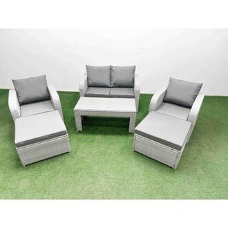 Fimous Light Grey pe Wicker Rattan Garden Furniture Set Sofa Set Reclining Adjustable Chair Oblong Coffee Table 6 Seater 2 Big Stools 2 Side Table - Fimous