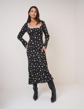Nobody's Child Black Floral Long Sleeve Naples Midi Dress