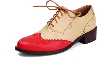 Generic Womens Lace Up Vintage Oxford Shoes Round Toe PU Leather Brogues Shoes Low Block Heel Office Dress Shoes,Red,4.5 UK
