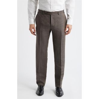 Canali Siena Regular Fit Flat Front Linen Suit Pants in Brown at Nordstrom, Size 60R