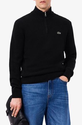 Lacoste Classic Fit Wool Quarter Zip Sweater in Black at Nordstrom, Size 7