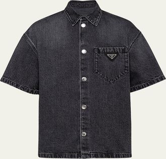 Prada Mens Denim Snap-Front Sport Shirt
