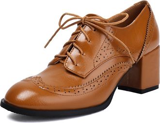 Generic Womens PU Leather Brogue Derbys Lace-Up Vintage Oxford Shoes Chunky High Heel Office Shoes,Yellow,5.5 UK