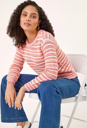 Roman Stripe Pointelle Crew Neck Knit