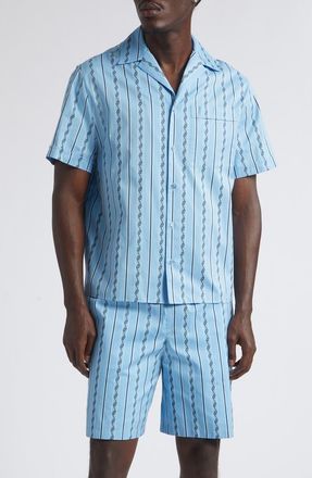 Versace Stripe Greca Jacquard Short Sleeve Button-Up Shirt in Bright Avio Black at Nordstrom, Size 46