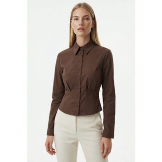 Exquise Felicia Long Sleeve Crop Shirt in Brown at Nordstrom, Size X-Large