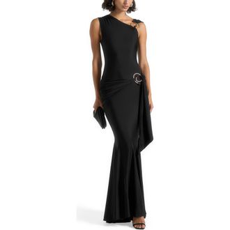 Mani&egrave;re De Voir Rania Asymmetric Draped Midaxi Dress in Black at Nordstrom, Size 10