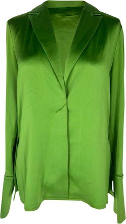 Galvan London V-Neck Cuffed-Sleeve Blouse in Green Satin