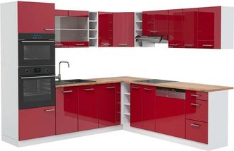 Vicco Cocina Esquinera R-line, Burdeos Brillo Intenso/blanco, 237 X 247 Cm, Et Roble