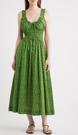 D&ocirc;en Emmaretta Floral Pleated Cotton Voile Maxi Dress in Emerald Jardin Du Chateau at Nordstrom, Size X-Large