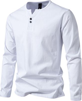 Generic Mens Button Henley Shirts Long Sleeve Round Sleeve Soft Casual Tops Gym Running Sports Tee Regular Fit Solid Color (White, 5XL)