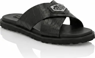 Philipp Plein Leather Slippers Criss-Cross Cocco Men in Black at Nordstrom, Size 44