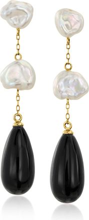 Ross-Simons Black Agate and 8-9mm Keshi Pearl Drop Earrings in 14kt Yellow Gold