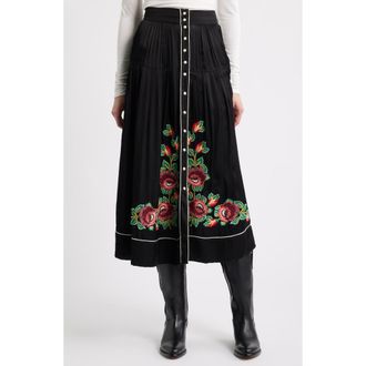 The Great. Heirloom Rose Embroidered Skirt in Black at Nordstrom, Size 0