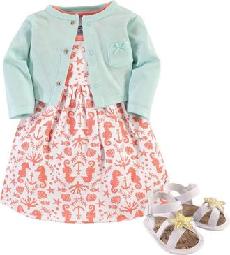 Hudson Baby Cotton Dress, Cardigan and Shoe Set in Sea at Nordstrom, Size 0-3M