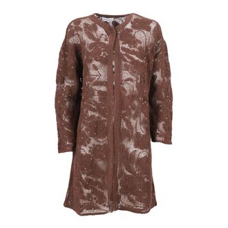 KANGRA Cardigans, female, Brown, Size: S Spolverino Ricamo Cornely + Paillettes