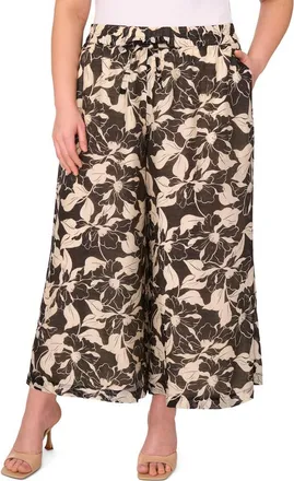 Vince Camuto Floral Wide Leg Ankle Pants in Rich Black at Nordstrom, Size 3X