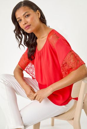 Roman Gathered Lace Insert Sleeve Top