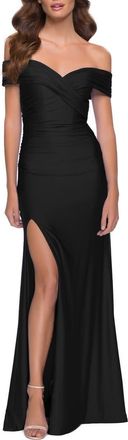 La Femme Off the Shoulder Chic Jersey Gown with Ruching in Black at Nordstrom, Size 12