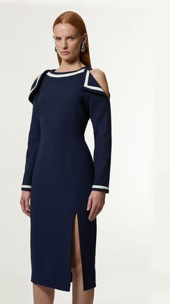 Karen Millen Womens Compact Stretch Contrast Tipped Bardot Tailored Midi Dress - Navy - Size 8 UK