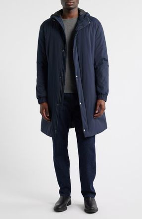 BOSS Jared Padded Water Repellent Longline Hooded Jacket in Dark Blue at Nordstrom, Size 38
