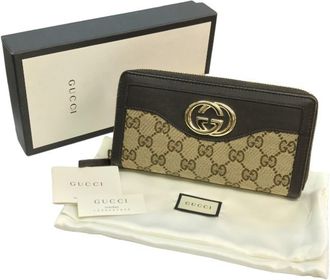 Gucci Beige Brown Gg Canvas Leather Long Wallet (Bi-Fold) (Pre-Owned)
