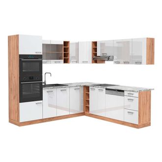 Vicco Cocina Esquinera R-line, Blanco Brillo Intenso/roble Dorado, 237 X 247 Cm, Et M&aacute;rmol