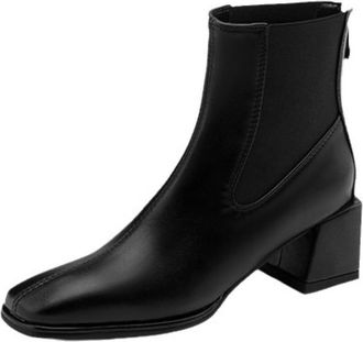 Generic Womens PU Leather Chelsea Ankle Boots Square Toe Stretch Panel Block Heels Pull Tab Soft Lining Cushioned Insole Durable Non-Slip Outsole,Black,6.5 UK