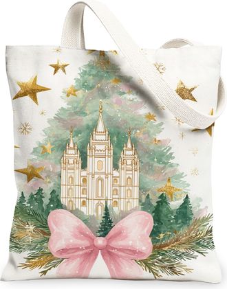 Generic Christmas Tree Canvas Tote Bags, Festive Holiday Design Reusable Grocery Bags, Vintage Elegant Lightweight Washable Shoulde, White, 13x15 Inch