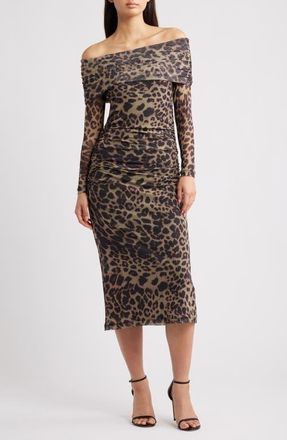 Ichi Ihparda Leopard Print Off the Shoulder Midi Dress at Nordstrom, Size Xx-Large