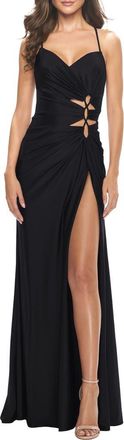 La Femme Jersey Long Prom Dress with Trendy Waist Cut Outs in Black at Nordstrom, Size 10